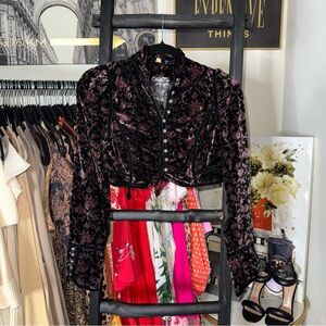 Free People Tripoli Floral Velvet Bolero Jacket Black Purple Cropped Fitted New